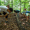 Mehrere Kinder laufen über mit Blättern und Stämmen bedeckten Waldboden.