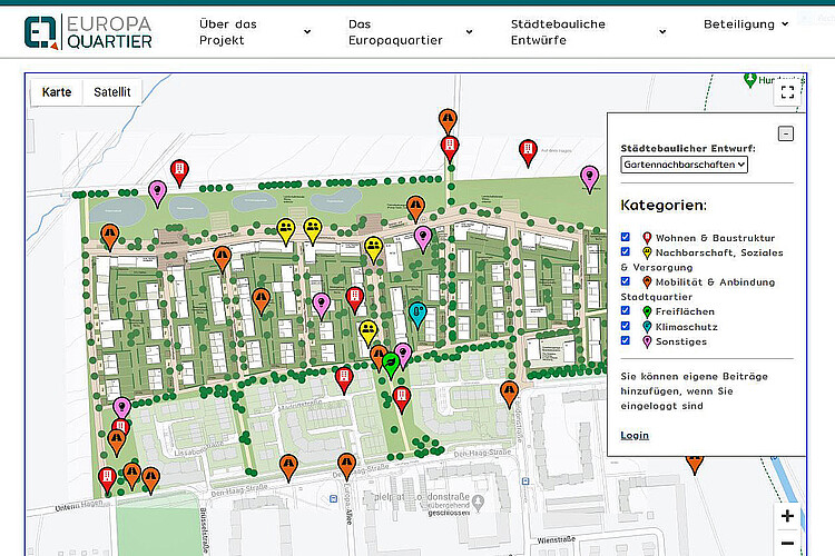 Ausschnitt einer der interaktiven Karte, auf der Anregungen zur Planung des neuen Baugebietes Europaquartier in Göttingen eingetragen sind.