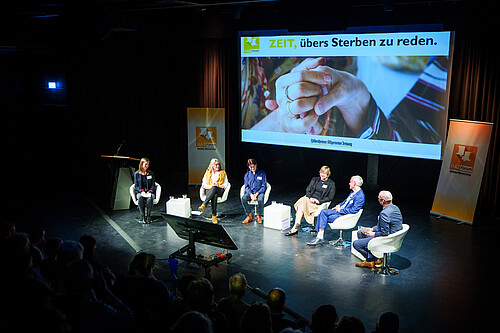 Sieben Personen sitzen im Halbkreis auf einer Bühne.