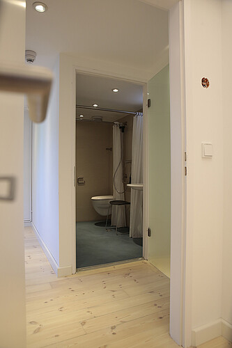 Blick in eine Wohnung mit einem barrierearm gestalteten Badezimmer.