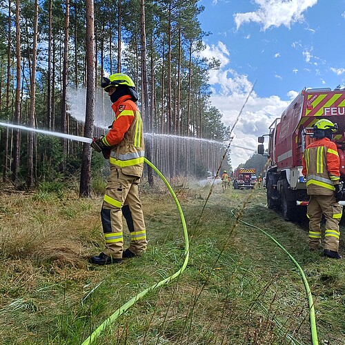 Zwei Feuerwehleute stehen am Waldrand, einer hält einen Löschschlauch und zielt mit dem Wasser in Richtung der Bäume..
