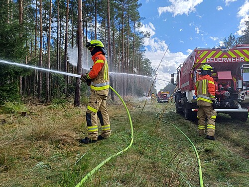 Zwei Feuerwehleute stehen am Waldrand, einer hält einen Löschschlauch und zielt mit dem Wasser in Richtung der Bäume..