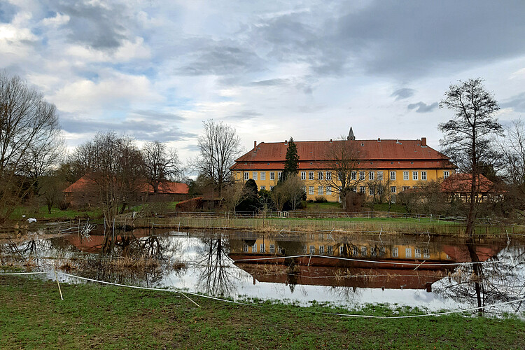 Auf einer Wiesenfläche hat sich Wasser aufgestaut, dahinter ist ein Gebäude des Klosters Mariensee mit gelber Fassade und rot gedecktem Dach zu sehen.