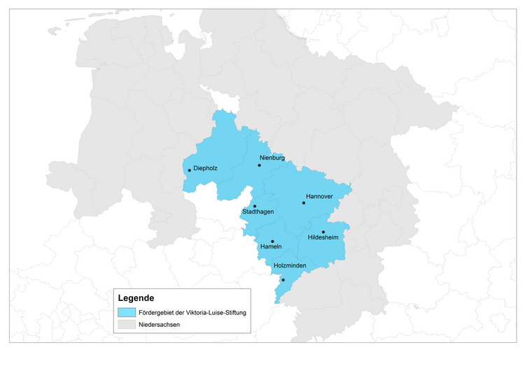 Das Fördergebiet der Viktoria-Luise-Stiftung ist auf einer Karte Niedersachsens in blauer Farbe markiert.