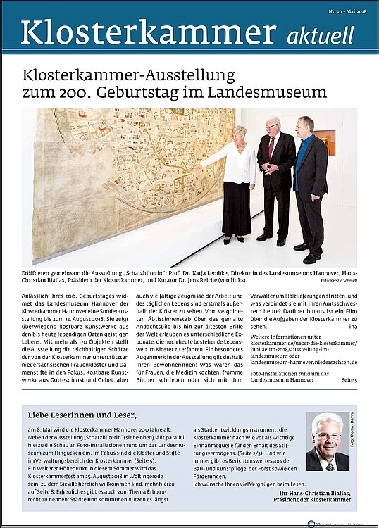 Die Titelseite des Newsletters der Klosterkammer mit Foto aus der Jubiläumsausstellung zu 200 Jahren Klosterkammer im Landesmuseum Hannover.