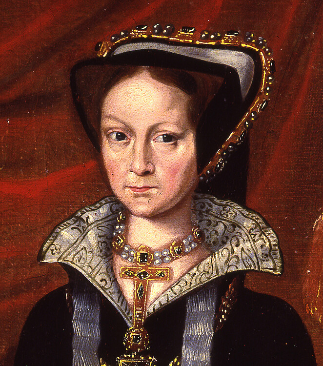 Ausschnitt aus einem Ölgemälde, zu sehen ist der Kopf einer Frau, Herzogin Elisabeth von Calenberg-Göttingen, in reich verzierter Kleidung mit einer Haube.