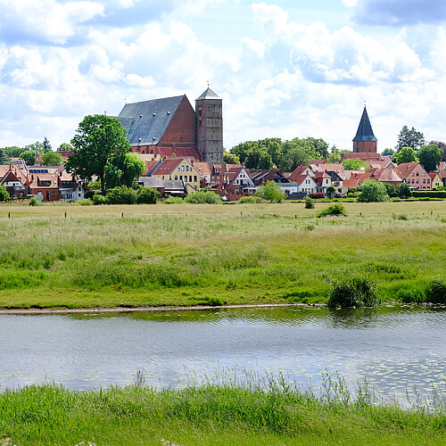 Im Vordergrund sind der Fluss Aller und wiesen zu sehen, dahinter die Silouette der Stadt Verden.