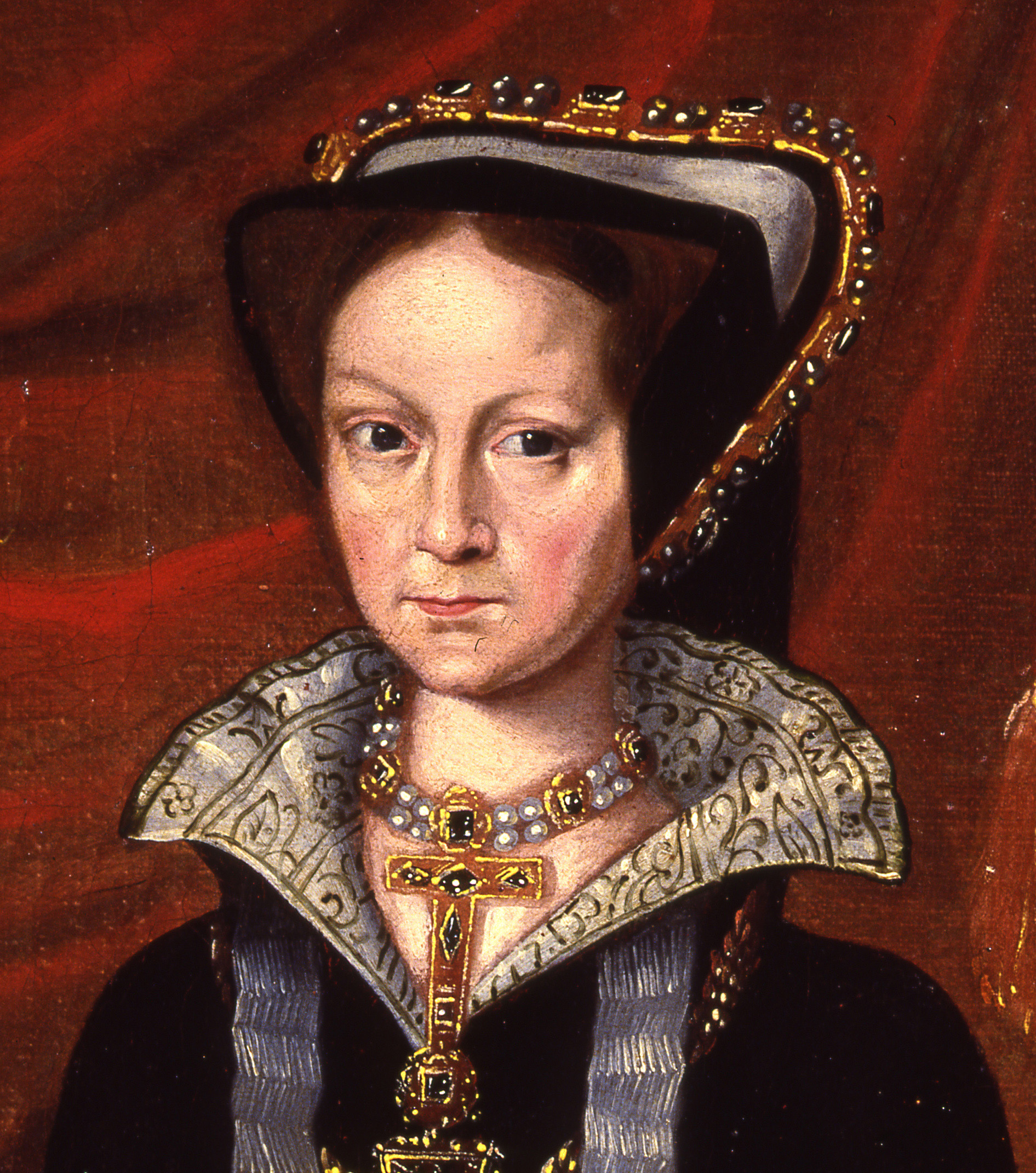 Ausschnitt aus einem Ölgemälde, zu sehen ist der Kopf einer Frau, Herzogin Elisabeth von Calenberg-Göttingen, in reich verzierter Kleidung mit einer Haube. Ausschnitt aus einem Ölgemälde, zu sehen ist der Kopf einer Frau, Herzogin Elisabeth von Calenberg-Göttingen, in reich verzierter Kleidung mit einer Haube.